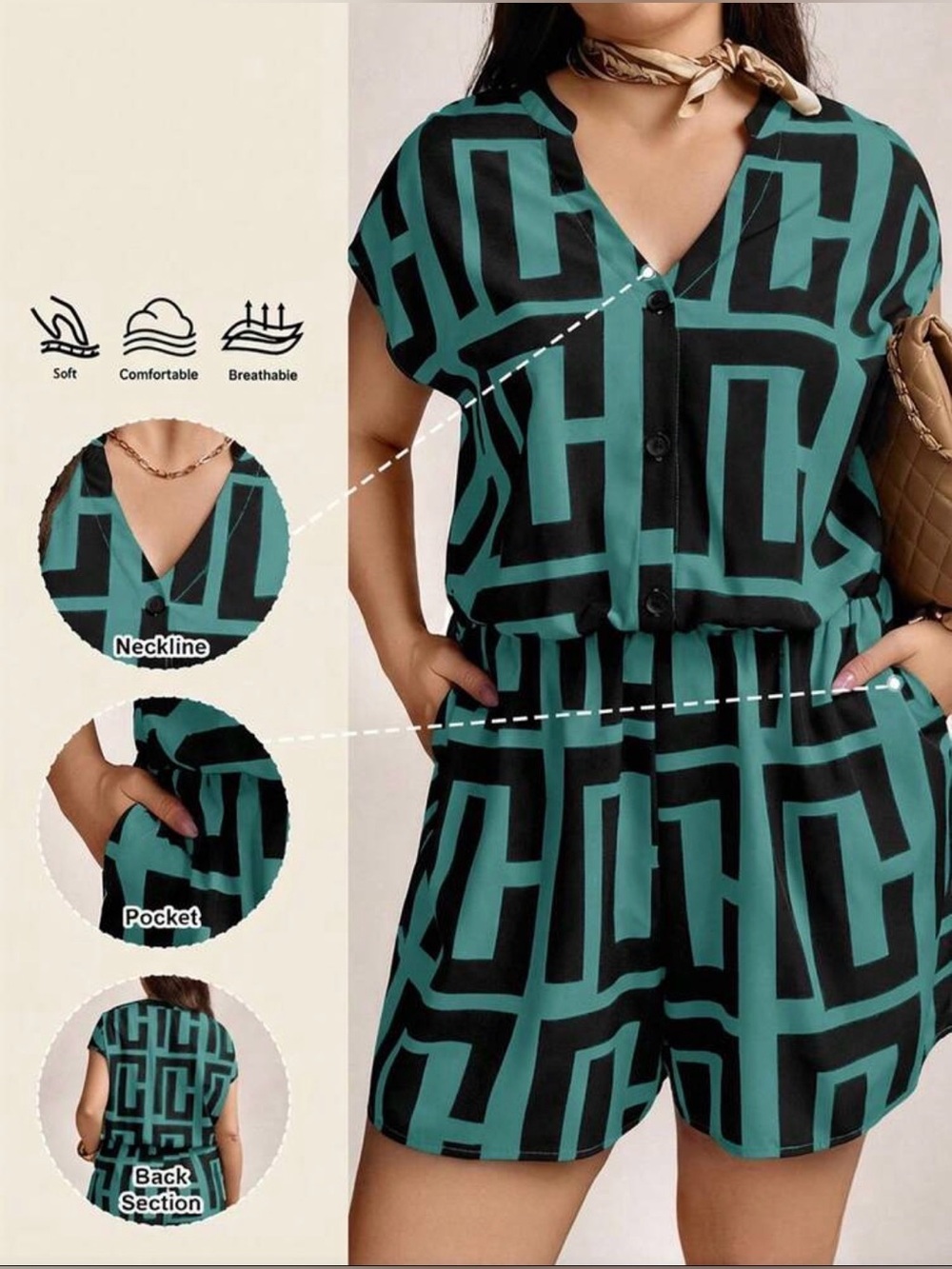 SHEIN Black & Teal Geometric Short Jumpsuit